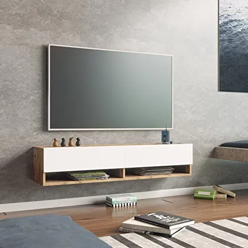 [en.casa] TV Board Laitila - Elegantes Lowboard mit Stauraum - TV-Halterungen mit 2 Ablagen und 2 Schranktüren, stilvolles Eiche rustikal/Weiß-Design, ideal für jede Wohnkultur, einfacher Aufbau und langlebige Materialien.