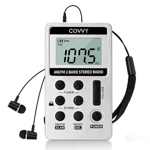 AM/FM Tragbares Radio,Covvy Digitales Pocket Mini Radio mit 500mAh 3.7V Wiederaufladbarer Akku und Kopfhörer (White)