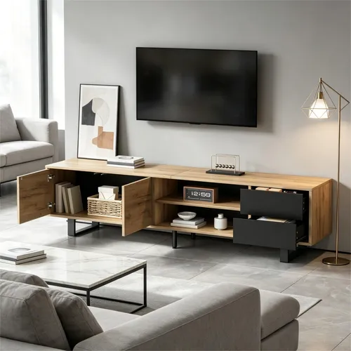 MODFU TV-Schrank mit Holzoptik & Metall – Moderner Fernsehständer - Moderner TV-Schrank in Holzoptik mit 2 Schubladen und offenen Regalen. Ideal für Ihr Wohnzimmer, sorgt für Ordnung und Stil. Einfache Selbstmontage, praktische Aufbewahrungslösungen.