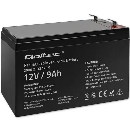 Qoltec 53031 AGM Batterie 12V 9Ah - Hochleistungs-Batterie für zuverlässige Energieversorgung, ideal für Freizeit- und Notstromanwendungen.