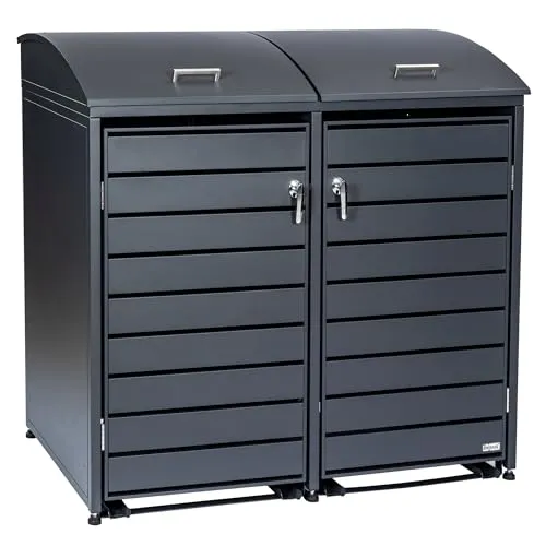 Zelsius Mülltonnenbox für 2 Tonnen - Anthrazit RAL7016 - Mülltonnenbox für 2x 120-240 Liter, aus hochwertigem verzinktem Stahl, mit Gasdruckfedern für müheloses Öffnen und Soft-Close-Effekt für leises Schließen.