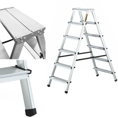 DRABEST Klapptritt Alu Leiter – Beidseitig 2x6 Stufen, bis 125 kg - Klappstufen aus leichtem Aluminium mit rutschfesten Standfüßen, ideal für Fensterputzen und Renovierungen. Hohe Stabilität und max. Belastbarkeit von 125 kg.