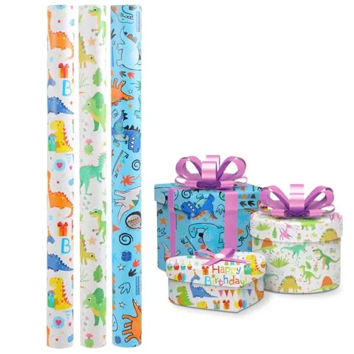 KITDAHOM 3 Rollen Geschenkpapier Geburtstag - Kupferbeschichtetes Papier, 300×43 cm, ideal für DIY, Geburtstagsfeiern und Feste