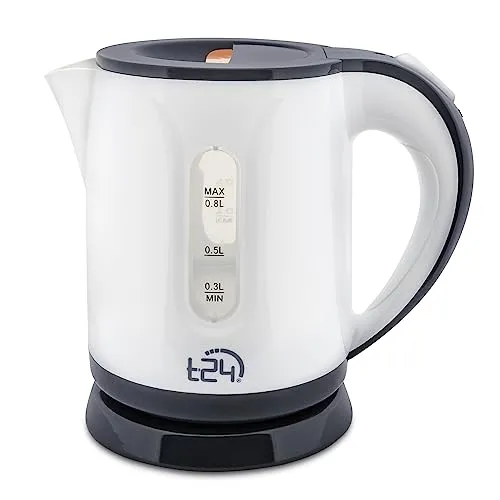 T24 Mini Wasserkocher 0,8 Liter kabellos 1100 Watt Reisewasserkocher Camping mit automatische Abschaltung und Sicherheitklappdeckel