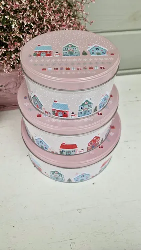 Keksdosen Plätzchendosen rund Metall 3er Set Häuschen Rosa Winter