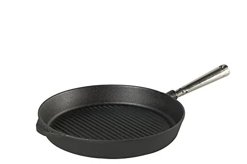 Grillpfanne 28 cm mit Edelstahlgriff - Gusseisenpfanne für alle Herdarten, inklusive Induktion. Ideal zum Anbraten von Fleisch und Fisch, mit geripptem Profil für perfektes Grillaroma.