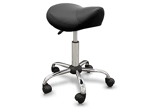 QUIRUMED Pony-Hocker, ergonomisch, mit Stahlgestell, Schwarze Farbe, Kunstlederpolsterung, höhenverstellbar, gepolsterter Sitz, drehbare Räder, bis 150 kg