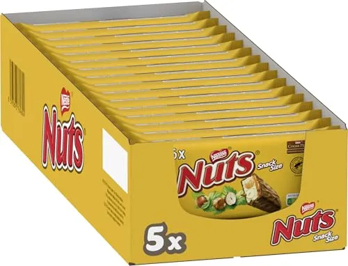 Nestlé NUTS, Haselnuss Schokoriegel mit Karamellfüllung, ganze Haselnüsse und leckere Candy Creme, ummantelt mit Milchschokolade, 1er Pack (5x30g)
