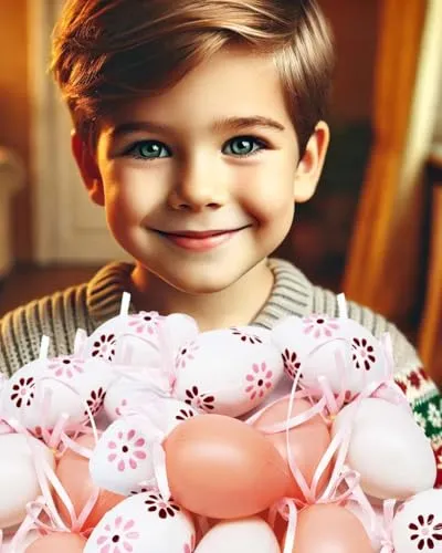 KAMACA 30 Bunte Ostereier aus Kunststoff mit Bändchen zum Aufhängen Hängedeko für Osterstrauß Kunststoffeier Osterdeko Deko zu Ostern Osterzeit (30 Stück Rosa Weiss mit Motiv 6cm)