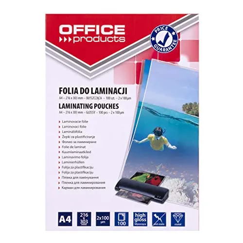 OFFICE PRODUCTS 20325425-90 Laminierfolie A4, 2 x 100 micron, glänzend, 100 Stück, transparent