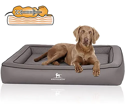 Knuffelwuff Orthopädisches Hundebett Hampstead 120 x 100cm Grau - Hundebett für optimale Entlastung, mit orthopädischer Liegefläche und schützendem Rand. Ideal für alte und junge Hunde, pflegeleicht durch Kunstleder und mobil dank herausnehmbarer Innenmatte.