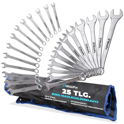 WerkFix Ring-Maulschlüsselsatz 25-tlg. 6-32 mm - Vielseitiges Werkzeug-Set aus robustem CrV-Stahl, ideal für präzise Arbeiten; inklusive stabiler Aufbewahrungstasche mit klarer Größenbeschriftung.