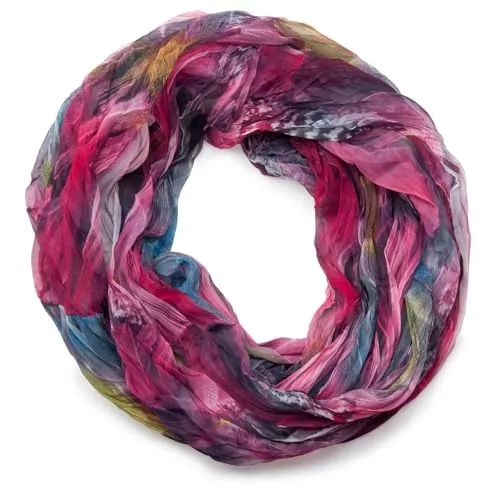 styleBREAKER Damen Loopschal Feder Muster Batik Style | leichter Schlauchschal mit Crash Crinkle Optik | weiches Halstuch für Frühling und Sommer, Farbe:Pink