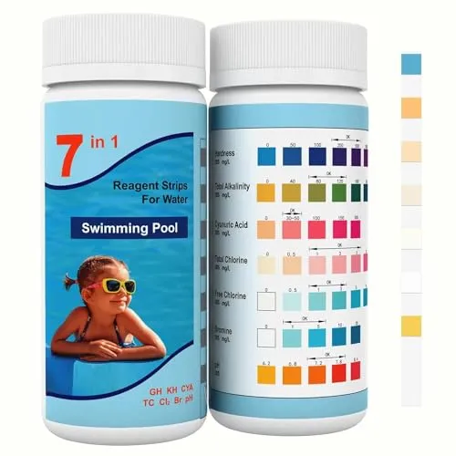 Joyzakzak 7-in-1 Pool Teststreifen, 100 Stück Pool Tester,Spa Whirlpool Teststreifen, Wassertester für Pool Gesamthärte, Freies Chlor, Brom, Gesamtchlor und PH-Wert, Pool Ph Tester,Pool Zubehör