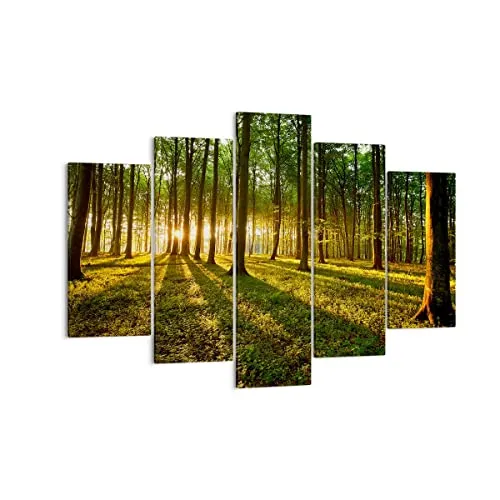 Bilder auf Leinwand 150x100cm Leinwandbild Wald grün Sonnenstrahlen Natur Groß XXL Wanddeko Bild Schlafzimmer Set 5 teilige Wandbilder Dekoration Wohnzimmer Canvas Wand Kunstdruck Art EA150x100-2510