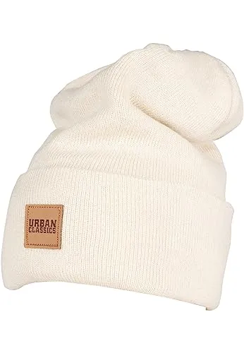 Urban Classics Unisex Strickmütze Leatherpatch Long Beanie Elfenbein (Sand 208), One Size (Herstellergröße: One Size)