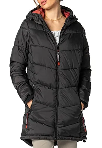 Sublevel Damen Winterjacke Stepp-Mantel mit Kapuze – Taillierte Outdoorjacke in Schwarz, Größe L - Sportlicher Steppmantel mit taillierter Passform und Kapuze für optimalen Windschutz. Ideal für Outdoor-Aktivitäten und spontane Abenteuer. Aus recyceltem Polyester für Komfort und Langlebigkeit.
