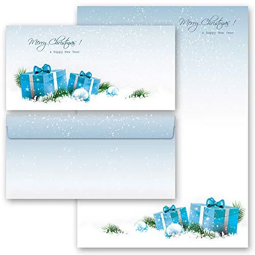 Briefpapier Sets Weihnachten, BLAUE WEIHNACHTSGESCHENKE 10 Blatt Briefpapier + 10 passende Briefumschläge DIN LANG ohne Fenster | Paper-Media