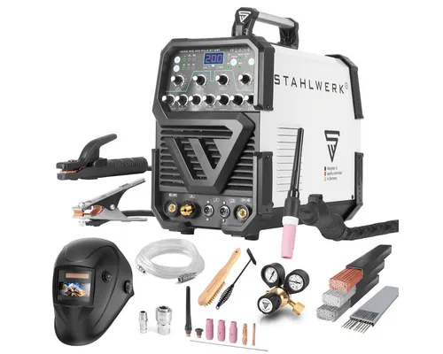 STAHLWERK Schweißgerät Vollausstattung AC/DC WIG 200 Puls ST - Vielseitiges Schweißgerät für präzises WIG & MMA Schweißen mit 200A, ideal für Aluminium & Dünnblech – inklusive WP-26F Flexkopf-Brenner für maximale Bewegungsfreiheit und 7 Jahre Garantie.