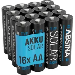 ABSINA 16x Solar Akku AA - Wiederaufladbare 800mAh NiMH Batterien für Solarleuchten - Akkus für Solarlampen mit geringer Selbstentladung, ideal für dauerhaften Einsatz und bis zu 1500 Mal wiederaufladbar. Umweltfreundlich und sicher bei Temperaturen von -20°C bis 60°C.