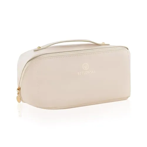 Reisekosmetiktasche – Betlewski – Kunstleder – Mellow – veganes Leder – rechteckig – Zwei Farben – Kosmetiktasche – elegant – Griff (Beige)
