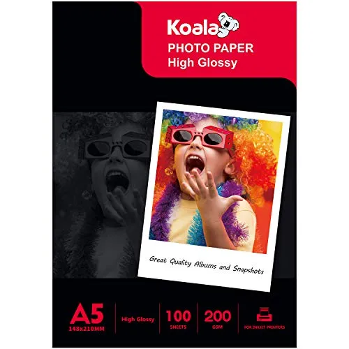 Koala Inkjet Hochglänzend Fotopapier DIN A5, 210 x 148 mm, 200 g/m², 100 Blatt, für Canon HP Epson Tintenstrahldrucker