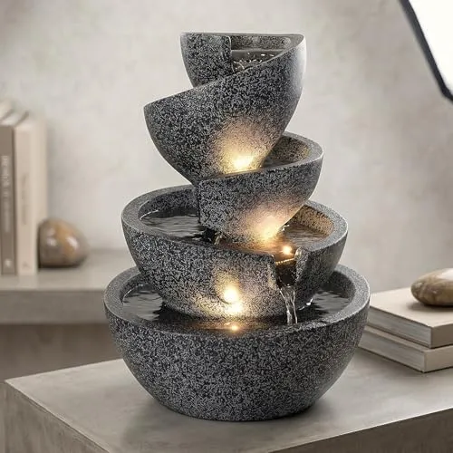 LED Zimmerbrunnen BK912 – 39 cm Hoch, Granit-Optik, mit Warmweißen LED-Spots für Innen & Außen