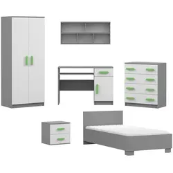 Deine Möbel 24 Kinderzimmer-Set Inge, Weiß/Grau/Grün, 419x193x206 cm - Das Kinderzimmer-Set Inge vereint modernes Design mit Funktionalität. Die hochwertigen Möbel in Weiß sind mit farbigen Holzgriffen versehen und bieten vielseitige Gestaltungsmöglichkeiten für individuelle Kinderzimmer.