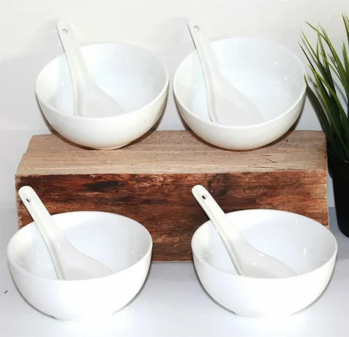 06-25 Reisschalen 4' Set & Löffel Müslischale Suppenschale Keramik weiss Schale