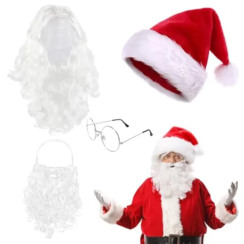Landifor Weihnachtsmann Kostüm Erwachsene Weihnachtsmannkostüm mit Bart Perücke Mütze Brille Nikolauskostüm Santa Claus Cosplay Kleidung Zubehör für Weihnachten Heiligabend Weihnachtsparty