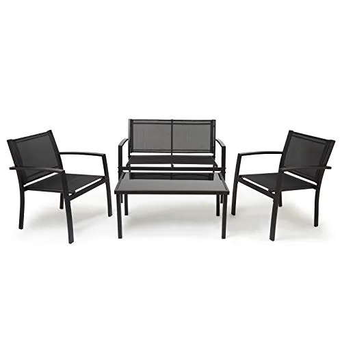 Mondeer Gartenmöbel 4er Set - Elegante Sitzgruppe für Garten und Balkon - Unterhaltungssets für die Terrasse, stilvolles Design mit atmungsaktivem Textilene-Netz und explosionssicherem Glastisch für langlebige Nutzung und Komfort.