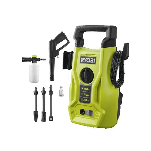RYOBI Elektro-Hochdruckreiniger RY110PWA - Hochdruckreiniger mit 110 bar Druck und 1400W Motor, ideal für die gründliche Reinigung von Autos und Terrassenmöbeln. Kompakt mit integriertem Tragegriff und Stauraum für Zubehör.