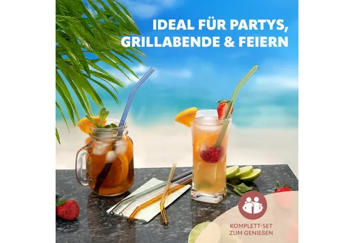 bremermann 6er Set Glas-Trinkhalme, Cocktail-Set, Verschiedene Längen, wiederverwendbar, transparent oder bunt, Gebogene Form, inklusive 2 Reinigungsbürsten (bunt, 20 cm)