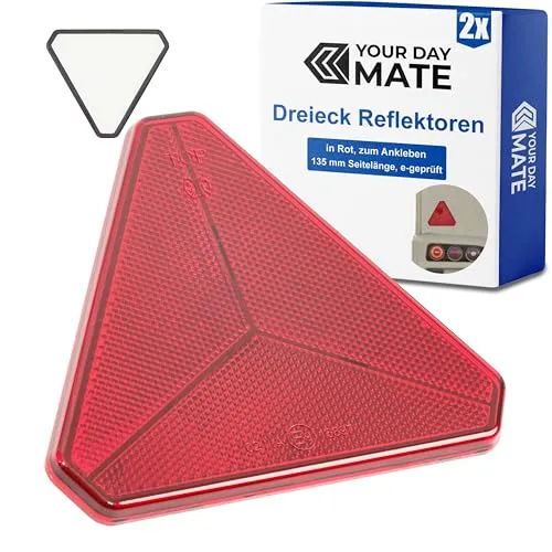 Anhänger Reflektor Dreiecke, 2 Pack, in Rot, zum Ankleben, 135 mmm Seitenlängen, Hänger Katzenauge mit E-Prüfzeichen, Rückstrahler hinten, dreieckige Streuscheibe Heck, Hängerdreieck rechts Links