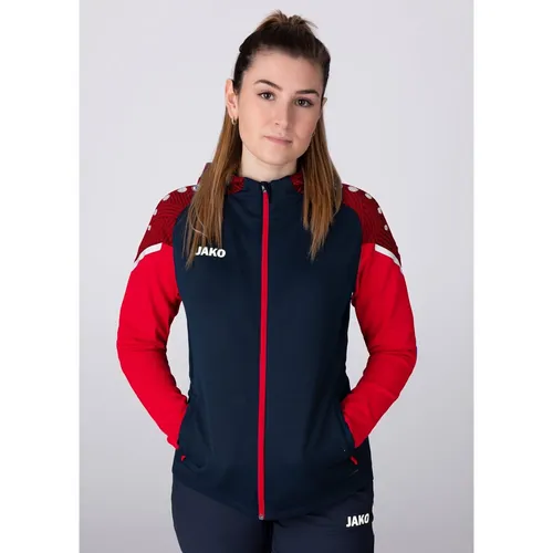 JAKO Damen Kapuzenjacke Performance, Marine/Rot, Größe 40 - Funktionsjacke aus 100% recyceltem Polyester, mit praktischen Reißverschlusstaschen und stylischen Kontrasteinsätzen für sportliche Aktivitäten.