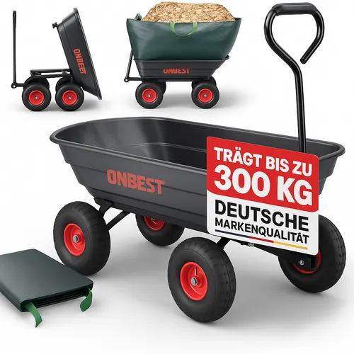 Onbest Bollerwagen mit Kippfunktion und Gartenabfallsack, 300 kg - Bollerwagen mit praktischer Kippfunktion und 75 Liter Gartenabfallsack, ideal für Gartenarbeit und Transporte, hohe Belastbarkeit bis 300 kg.
