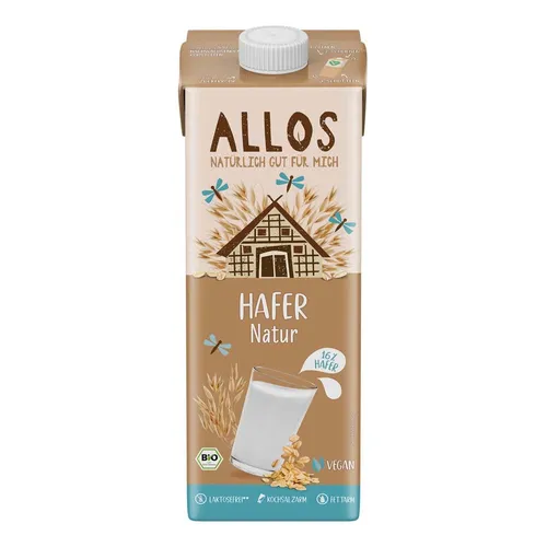Allos Hafer Drink naturell bio 1L - Bio-Haferdrink, 100% lecker und aus biodivers angebauten Haferkörnern, ideal für eine pflanzliche Ernährung.