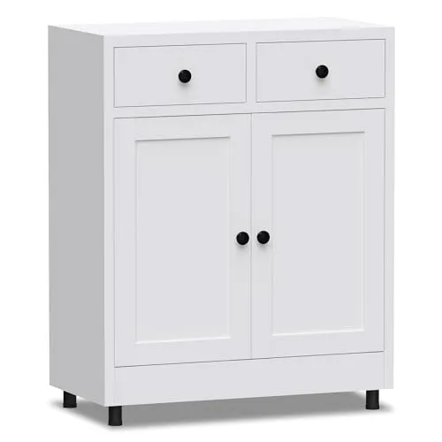 JINKUR Aktenschrank Büroschrank Lagerschrank Metallschrank Stahlschrank Mehrzweckschrank Buffetschrank Flurschrank, Aufbewahrungsschrank aus Metall mit 2 Schubladen und Verstellbarem Regal (Weiß)