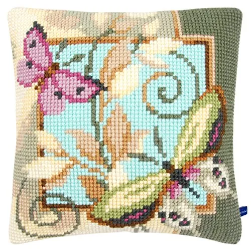 Vervaco PN-0154959 Kreuzstichkissen 2 Schmetterlinge - Kreuzstichkissen 40x40cm mit bezaubernden Schmetterlingen, aus hochwertigem Material in Belgien gefertigt – perfekt für Tierliebhaber.