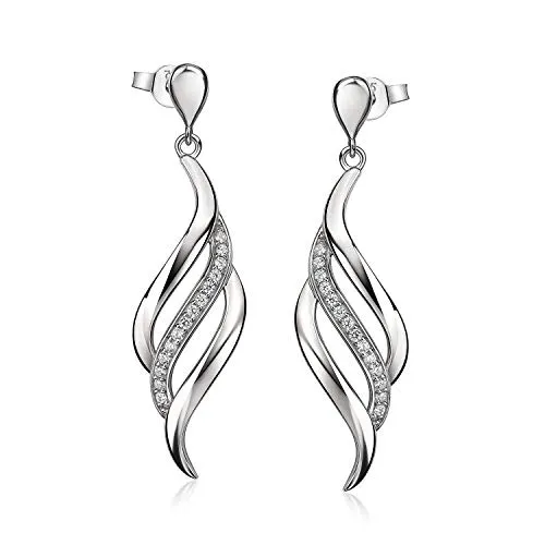 Elegante Damen Ohrstecker Silber 925 mit Zirkonia - Lang und Gedreht - Ohrringe für Damen, aus nickelfreiem 925 Sterling Silber, veredelt mit Rhodium für langanhaltenden Glanz. Diese eleganten Ohrhänger sind mit 28 schillernden Zirkonia Steinen verziert und ideal für festliche Anlässe.