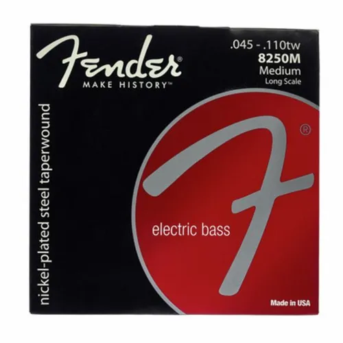 Fender 8250-M E-Bass Saiten - Gitarren- & Bass-Zubehör, 4-saitige Nickelplated Steel Saiten mit Taperwound Design für optimalen Klang und Spielkomfort, perfekt für durch den Korpus gezogene Saiten.