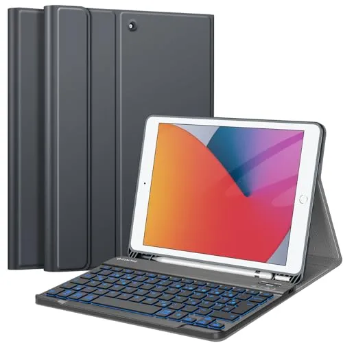 FINTIE Hülle mit Tastatur für iPad 9, 8, 7. Generation - Tastaturhülle mit beleuchteter, abnehmbarer Bluetooth-Tastatur im QWERTZ-Layout, idealer Schutz und komfortables Tippen für iPad 10.2 Zoll, Himmelgrau.
