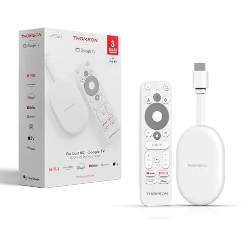 Thomson Go Cast 152 Streaming Dongle, 4K UHD Google TV Stick mit Google Assistant, Google Cast, Dolby Atmos, Dolby Digital+, HDR10, 2GB RAM, 32GB Speicher, Kompakt und Tragbar – Weiß