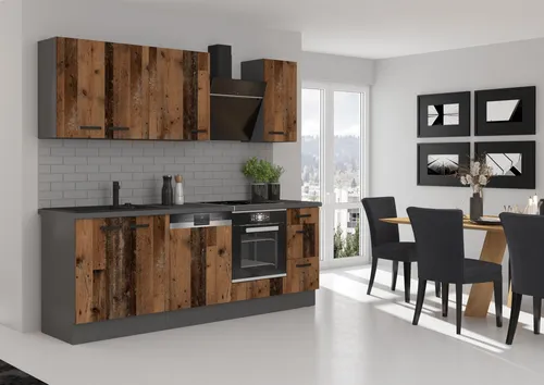 Küche OLD STYLE Basic 240 cm - Edle Küchenzeile im Old Wood Look - Küchenzeile in edler Old Wood Optik, ideal für modernes Wohnen. Bietet viel Stauraum und ein hervorragendes Preis-Leistungs-Verhältnis.