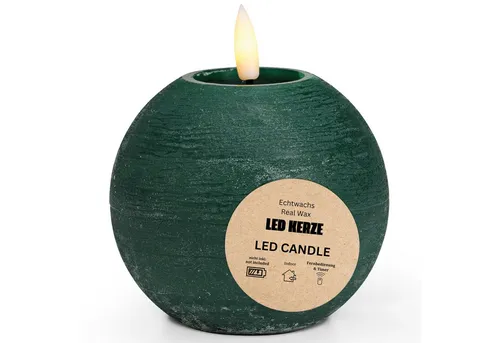 matches21 HOME & HOBBY LED-Kerze LED Kerze Kugel Wachs, Flackernde Flamme, Ø 10x9, Grün (1-tlg), Mit beweglicher Flamme & Timer für Adventskranz