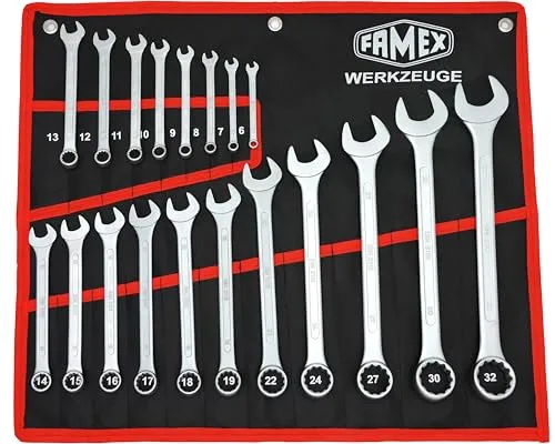 FAMEX 10349-19 Ringmaulschlüssel Satz - 19-tlg. in Rolltasche - Werkzeug-Sets mit hochwertigem Chrom-Vanadium-Stahl, übertrifft DIN-Anforderungen und bietet eine praktische Rolltasche für einfachen Transport und Aufbewahrung.
