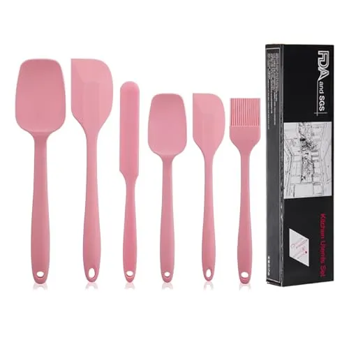 Stück Silikon Spachtel Set, Teigschaber Silikon Set, Küchenbackwerkzeuge, Bestehend aus Spachtel, Schaber, Pinsel und Löffel, Hitzebeständige bis 230°C, Geeignet zum Kochen und Backen (Rosa) 6