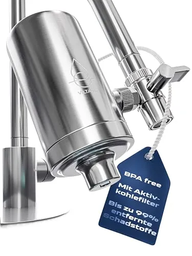 VILTARO® Wasserfilter Wasserhahn – Trinkwasserfilter mit Aktivkohlefilter - Wasserhahnfilter für Trinkwasser, entfernt Schadstoffe und verbessert den Geschmack – nur 2 Cent pro Liter, BPA-frei und einfach zu montieren.