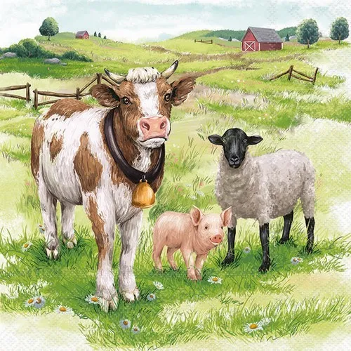 Servietten Farm Animals Kuh Schwein Schaf Tiere Bauernhof Wiese Natur 33x33cm 20