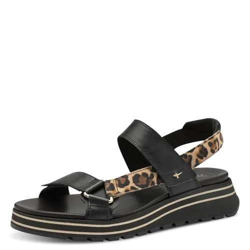 Keilsandalette TAMARIS – Modische Damen Sandale in Schwarz mit Leodruck - Wanderschuhe, modische Keilsandalette von TAMARIS aus Leder und Lederimitat, ideal für Outdoor-Aktivitäten mit verstellbaren Klettverschlüssen und herausnehmbarer Innensohle.